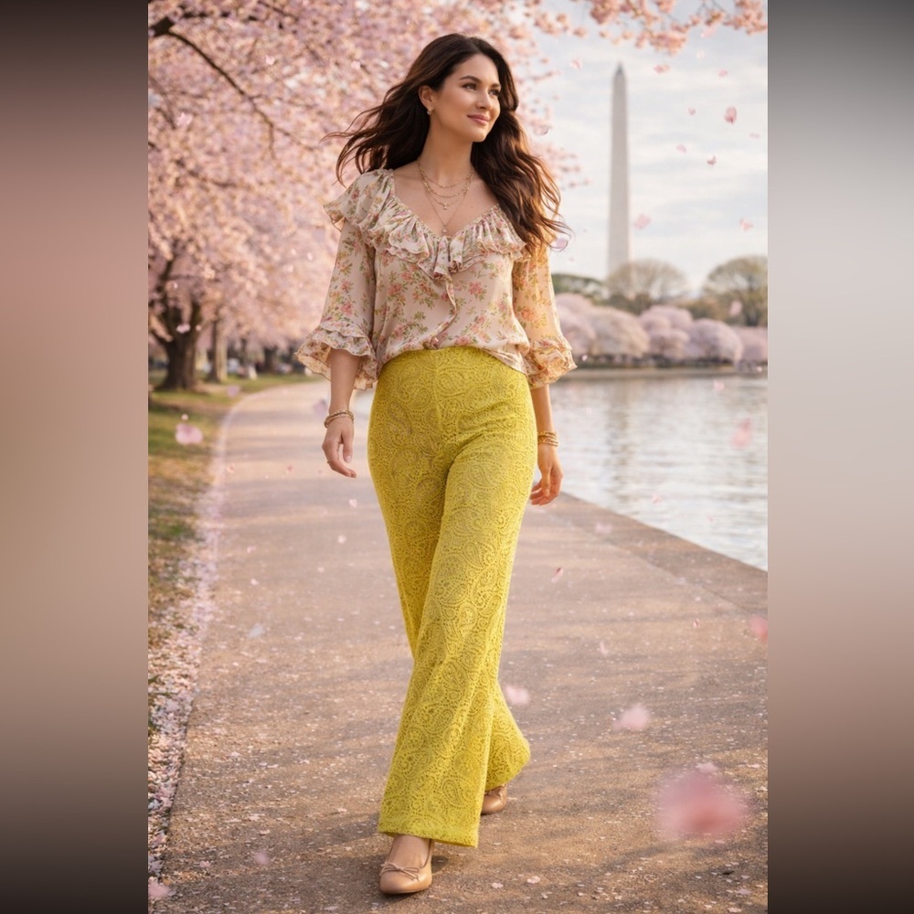Anthropologie Lime Green Flared Lace Pants size 16 TALL.